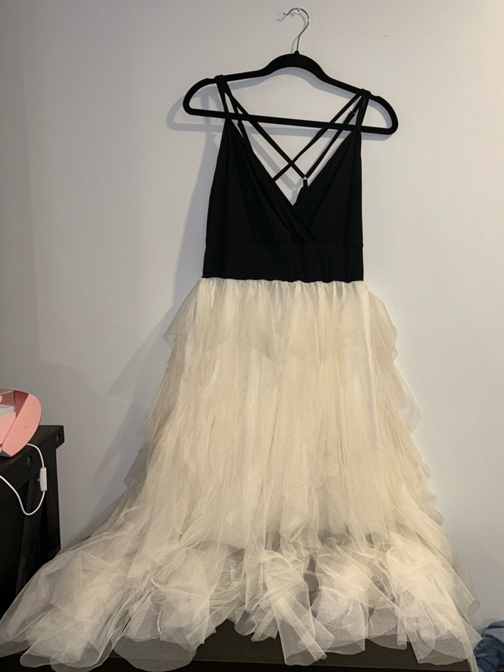 Black Strappy Top Ivory Tulle Skirt Dress
